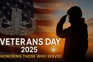 “Veterans Day tribute banner featuring an American flag, the EOD badge, and the silhouette of a bomb technician saluting at sunrise.”